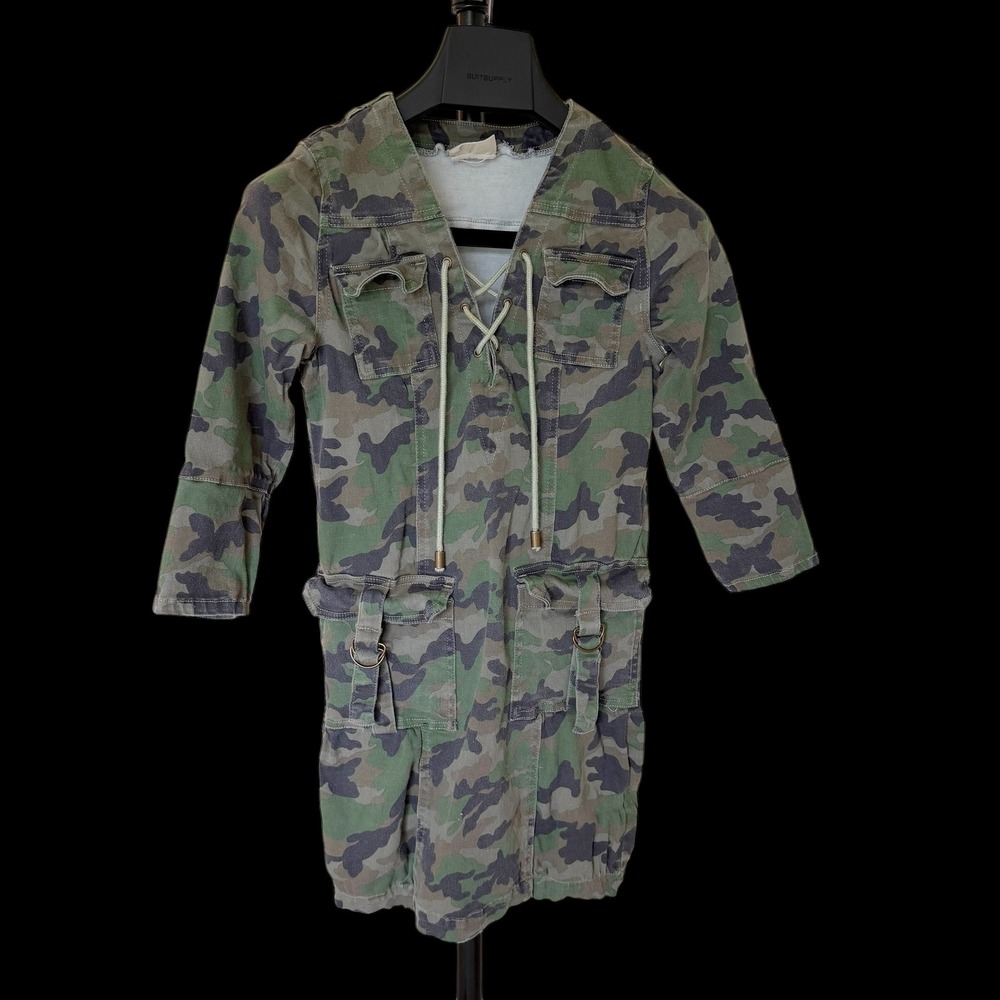 LITZ Premium Denim Camouflage Lace Up Cargo Mini Dress Green Brown Size S